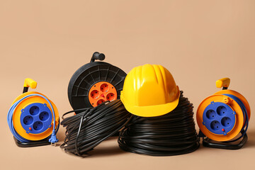 Rolled wires, hardhat and extension cable reels on beige background