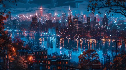 Fototapeta premium Magnified urban nightscape highlighting the city's vibrancy and details