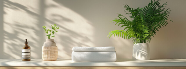Minimalist bathroom with potted plants and neatly folded towels, bathed in natural sunlight. The serene setting emphasizes cleanliness and a connection to nature.