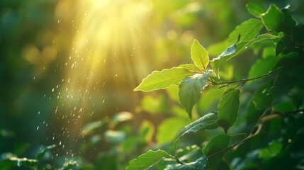 Sunlight streaming through green leaves, creating a peaceful and vibrant natural scene. The image emphasizes the beauty and tranquility of nature.