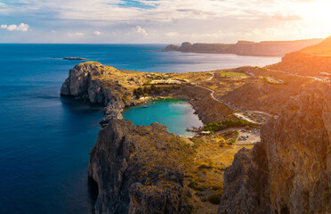 Aerial view on Saint Paul's bay in Lindos, Rhodes, Greece.