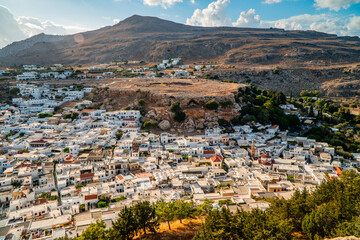 Snow-white roofs of the city of Lindos, Rhodes island, Greece.