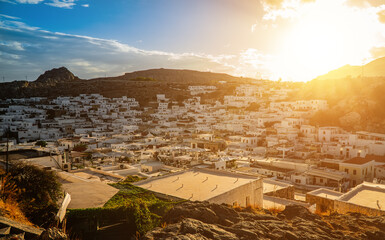 Snow-white roofs of the city of Lindos, Rhodes island, Greece.