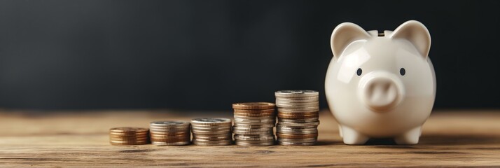 A white piggy bank paired with progressively taller stacks of coins, symbolizing savings growth and financial planning