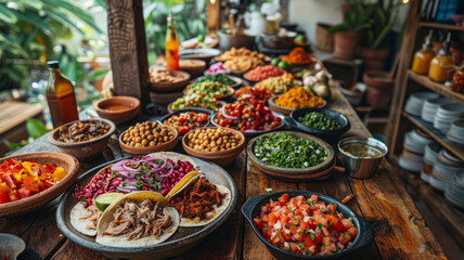 Overhead shot of a dinner table with Mexican food and hands. Tacos, beans, carnitas, habanero, salsa,generative ai