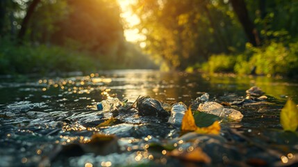 Fototapeta premium Serene forest stream with sunlight filtering through the trees, highlighting the clear water and rocks. The tranquil setting emphasizes the beauty of nature.