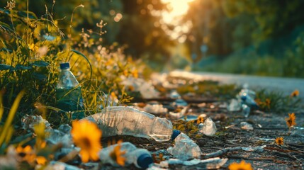 Fototapeta premium Littered pathway with plastic waste and bottles amidst wildflowers, illustrating environmental neglect and pollution in nature. Sunlight streaming through trees in the background.