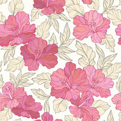 Vintage old paper seamless design, hand drawing hibiscus flowers