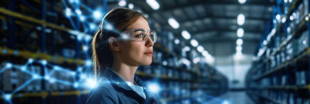Professional woman wearing smart glasses with virtual interface in a modern warehouse