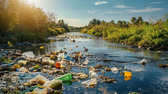A heavily polluted river with floating trash and plastic bottles, surrounded by greenery, showcasing the environmental impact of waste disposal on natural water bodies.