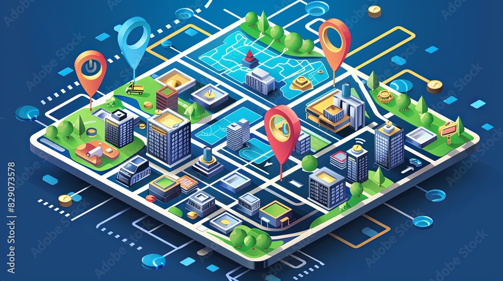 Poster Isometric GPS tracking map with numerous buildings, showing navigation pins on street maps and abstract map background. Generative AI