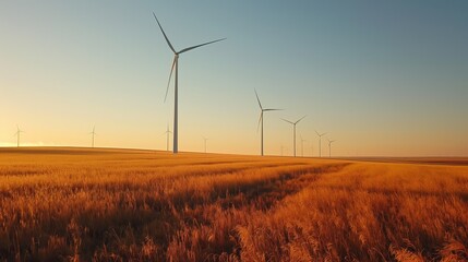 Obraz premium Wind turbines in a golden field at sunset, with the sky displaying a warm gradient. The image conveys renewable energy and the serene beauty of sustainable technology in nature.