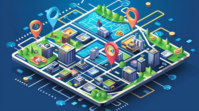 Isometric GPS tracking map with numerous buildings, showing navigation pins on street maps and abstract map background. Generative AI