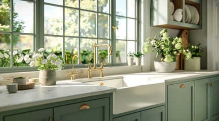 Fototapeta premium Modern green kitchen interior with mint green cabinets, quartz countertops, and a farmhouse sink 