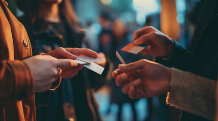 Friends networking and exchanging business cards at a startup event. Dynamic and dramatic composition, with cope space