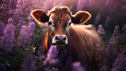 Brown Cow in Lavender Field


