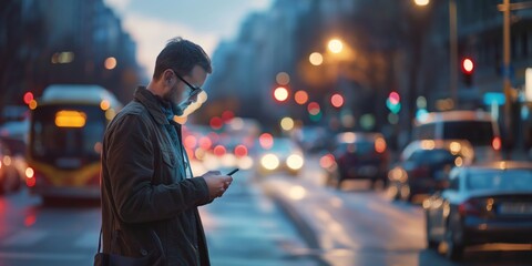 A man, with his face blurred, is immersed in his phone with city lights in the background
