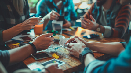 Friends networking and exchanging business cards at a startup event. Dynamic and dramatic composition, with cope space