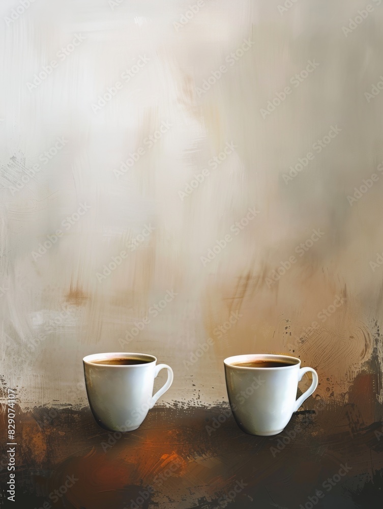 Poster two cups of coffee placed on a table. generative ai