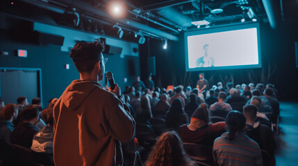 Friends giving a final presentation of their startup to a large audience at a demo day. Dynamic and dramatic composition, with cope space