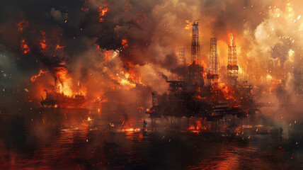 A horrific scene with explosions and fire. An oil rig, bursting with oil, people running for thier livesfireworks.generative ai