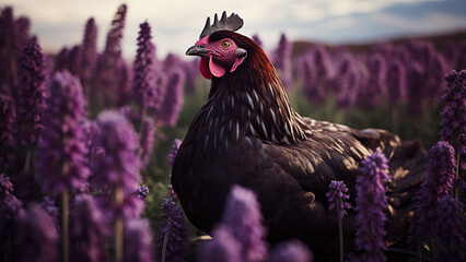 Chicken Roaming in Vibrant Lavender Field

