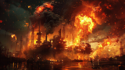 A horrific scene with explosions and fire. An oil rig, bursting with oil, people running for thier livesfireworks.generative ai