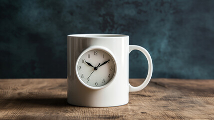 A white mug with a clock face design on it, sitting on a wooden table against a dark blue background. It is coffee time in concept with copy space.