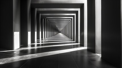 A black and white long hallway with distant vanishing point