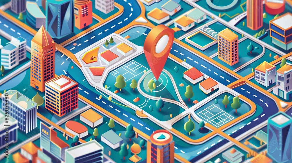 Poster map of a city with a red marker highlighting a specific location for navigation purposes. generative