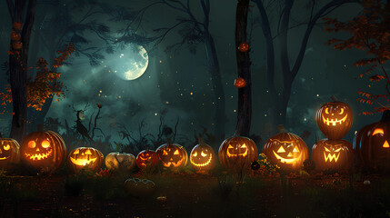 Fototapeta premium Jack-o'-Lanterns Illuminating Dark Forest Under Full Moon