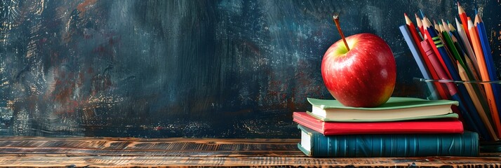 Red apple on stacked books on blackboard background. Back to school concept. Education and studying concept. Design for banner, header with copy space