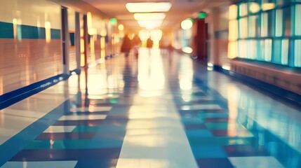 A hallway with a lot of windows and a lot of light. The hallway is very long and has a lot of space