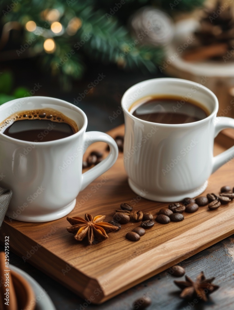 Aufkleber two cups of coffee resting on a wooden cutting board. generative ai