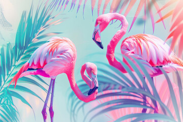 Obraz premium Beautiful pink flamingos on a tropical and palm leaves background. Vibrant pink and aqua blue holographic colors. Modern illustration.