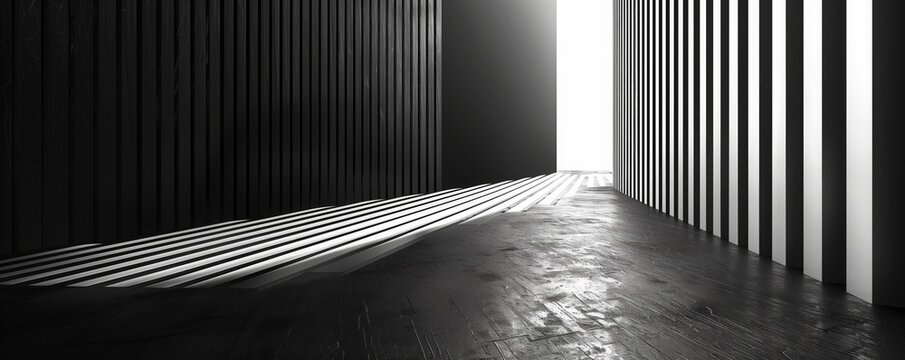 Black and white hallway with long perspective created by parallel lines