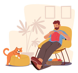 Domestic Scene Showcasing Bearded Man In A Chair, Deeply Focused On Knitting A Red Sweater. Beside Him A Curious Cat