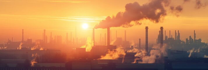 Fototapeta premium An industrial skyline with numerous smokestacks emitting smoke under a sunrise sky
