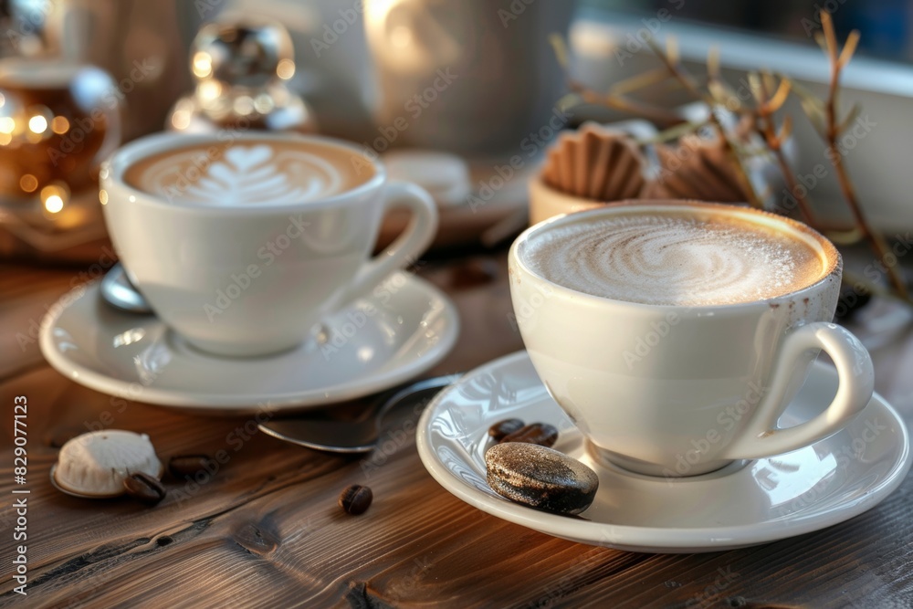 Poster Two cups of steaming coffee resting on a wooden table surface. Generative AI
