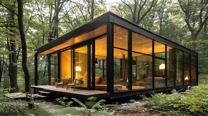 Serene Haven: A Glass-Enclosed Forest Retreat, Where Nature's Embrace and Architectural Elegance Merge, Inviting Tranquility and Reflection Amidst Verdant Beauty