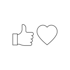 Like and love. Thumbs up and Heart icon line style isolated on white background. Vector illustration