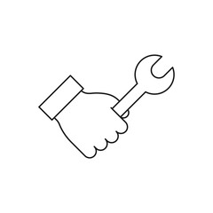 Hand holding wrench. Settings, repair, service icon concept isolated on white background. Vector illustration