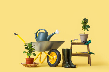 Gardening supplies, plants and wheelbarrow on yellow background