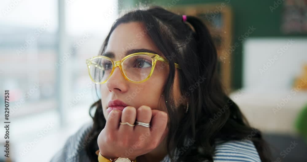 Poster face, girl and study with thinking for test preparation or assignment as student in home. gen z, wom