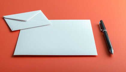 Envelope, paper, pen arranged on table hint at creative workspace or office setting