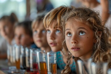 Curious children observing science experiment in classroom