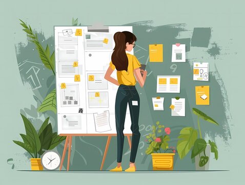 Imagine a flat design of a UXUI designer conducting a heuristic evaluation