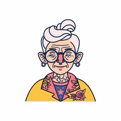 A cartoon of an old woman with glasses and a nose ring