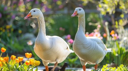 Obraz premium Two white geese strolling in the garden