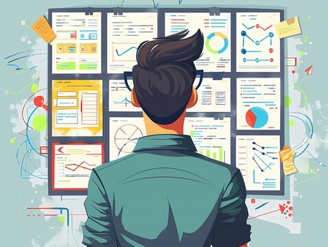 Imagine a flat design of a UXUI designer conducting a heuristic evaluation